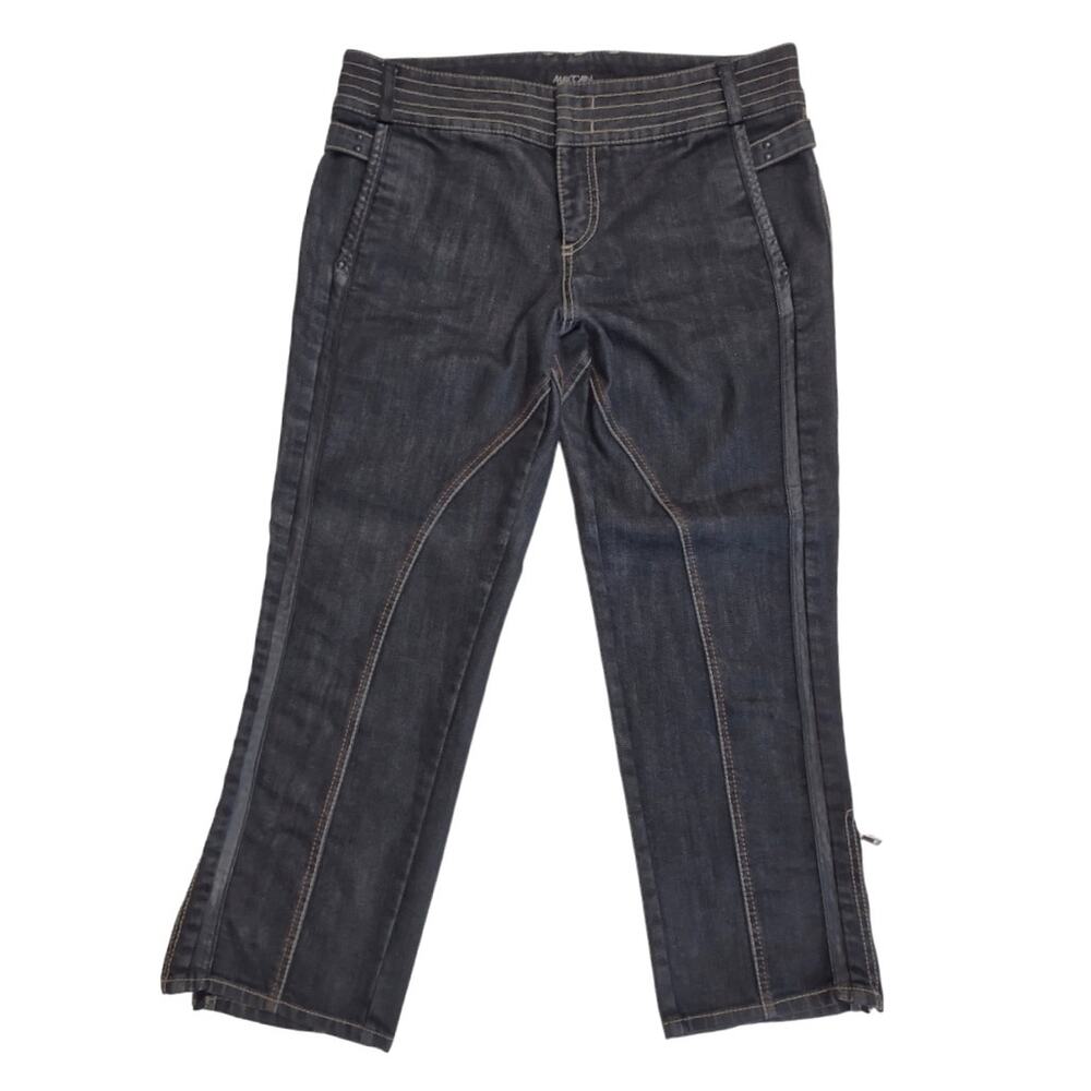 MARC CAIN Black Clam Digger Stretch Jeans Low Waist Leather Trim Zip Hems Sz 4